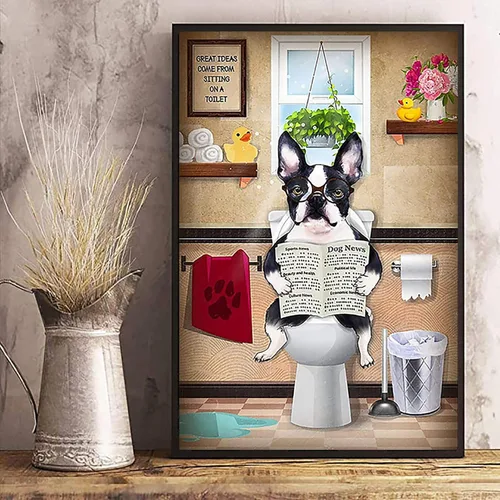Unikei Póster de Boston Terriers para perro, letreros de Boston Terriers en el inodoro, impresión de periódico de lectura en lienzo, estilos retro