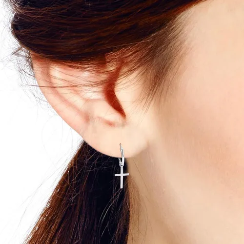 Miniatura 5 de AeraVida Pendientes de aro de plata de ley con cruz religiosa esencial, Metal