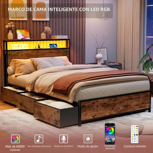 Miniatura 3 de Forestell Base de cama de tamaño matrimonial con cabecera de almacenamiento y 6 cajones, marco de cama resistente con estación de carga, luces LED