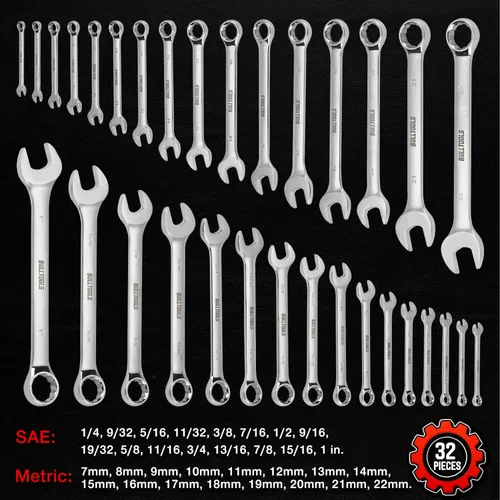 Miniatura 3 de BULLTOOLS Juego de llaves combinadas de 32 piezas, llaves SAE y métricas de 1/4"-1" y 7mm-22mm, extremo de caja de acero al cromo vanadio y extremo