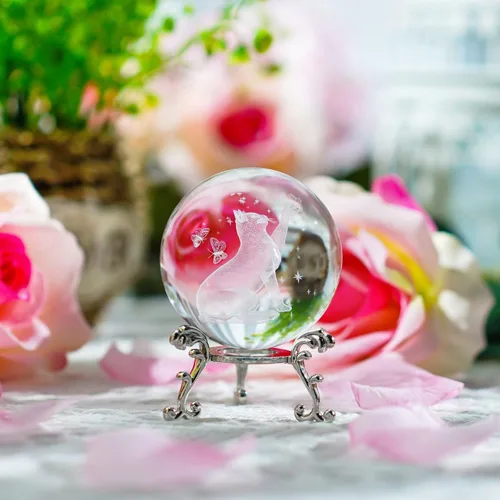 Miniatura 6 de HDCRYSTALGIFTS Bola de cristal de gato de 2.362 in con soporte 3D grabada con láser, figuras de animales, globo de vidrio, bola decorativa, esfera