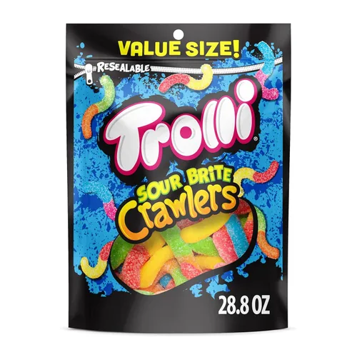 Trolli Sour Brite Crawlers, dulces, cereza-limón, fresa-uva y naranja-lima, agridulce, gusanos gomosos, 28.8 onzas