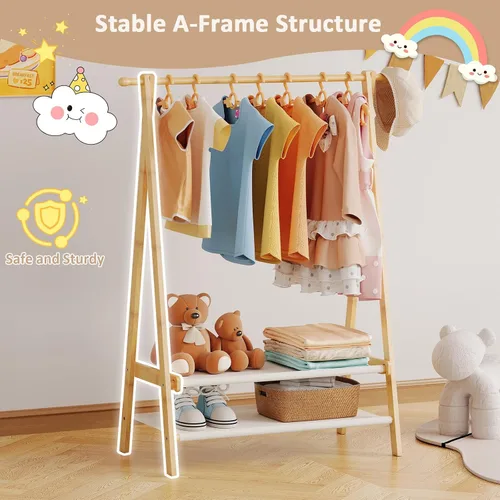 Miniatura 7 de Perchero de ropa para niños con 2 estantes de tela, soporte plegable para ropa infantil con barra para colgar, organizador de disfraces pequeño