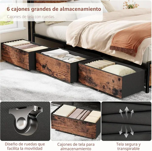 Miniatura 5 de Forestell Base de cama de tamaño matrimonial con cabecera de almacenamiento y 6 cajones, marco de cama resistente con estación de carga, luces LED