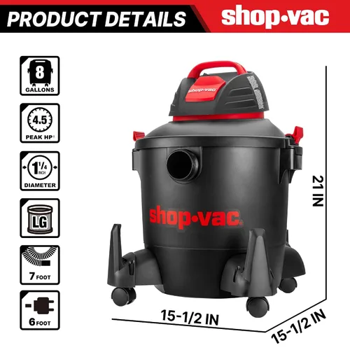 Miniatura 3 de Shop-Vac 5922805 Aspiradora húmeda/seca, 8 galones, 4.5 HP pico, manguera de 1.25 pulgadas de diámetro x 7 pies, cable de 6 pies, ideal para obra