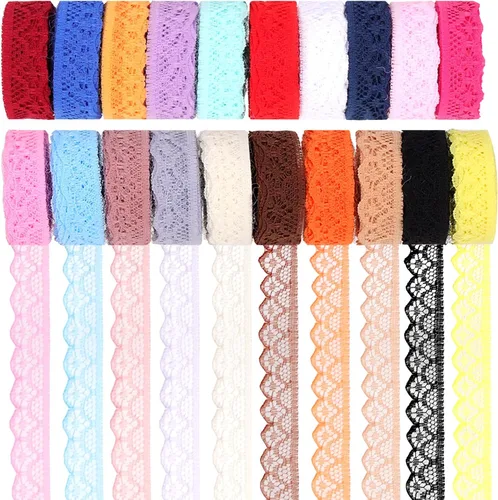 Swpeet 20 rollos en total 200 yardas 0.6 in × 10 yardas, cinta de encaje colorida con patrón floral, cintas de encaje vintage, cordones para