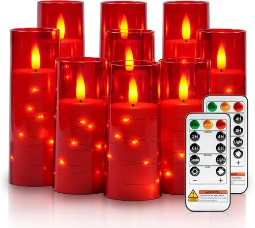 Miniatura 13 de Raycare Vela sin llama con temporizador remoto, 7 velas LED de acrílico parpadeantes con cuerda de estrella integrada para Navidad, boda, decoración