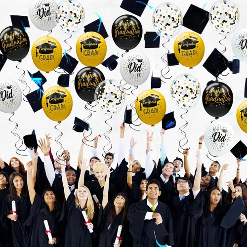 Miniatura 5 de Paquete de 78 globos de graduación 2026, decoraciones de graduación, globos de graduación de 12 pulgadas de oro negro con cintas para decoraciones
