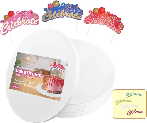 Miniatura 9 de Tambores para Pasteles de 8 Pulgadas con Decoración Superior de Banner para Pastel - Base para Pastel Redonda Blanca (Paquete de 3) Bases