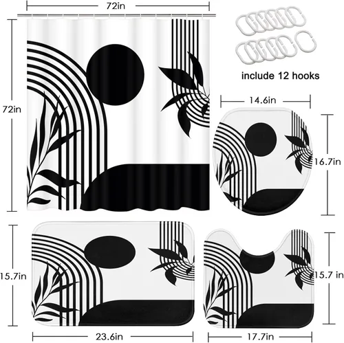 Miniatura 2 de Juego de 4 cortinas de ducha estilo bohemio de mediados de siglo con tapa de inodoro y alfombras antideslizantes, diseño geométrico abstracto negro