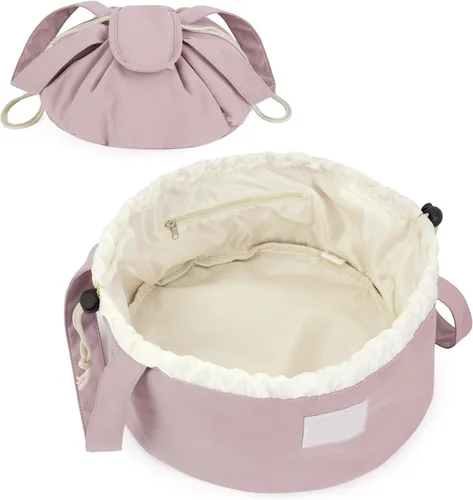 Bolsa de maquillaje con cordón en forma de barril, bolsa grande de cosméticos, organizador de artículos de tocador para mujeres, Rosa polvoriento