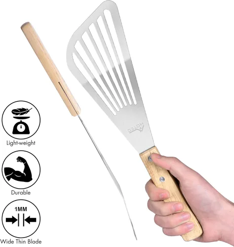 Miniatura 4 de HOTEC 2 piezas Espátula de pescado de acero inoxidable con mango de madera, espátula de metal para voltear alimentos