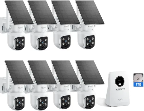Cámaras de seguridad solares inalámbricas para exteriores, 4MP alimentado por energía solar, kit de 8 cámaras, visión nocturna a color, PTZ de 360°,