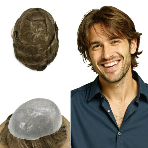 Miniatura 58 de Toupee - Sistema de reemplazo de cabello humano real de 0.004 in para hombres, con inyección, poliuretano duradero, piel fina, línea capilar
