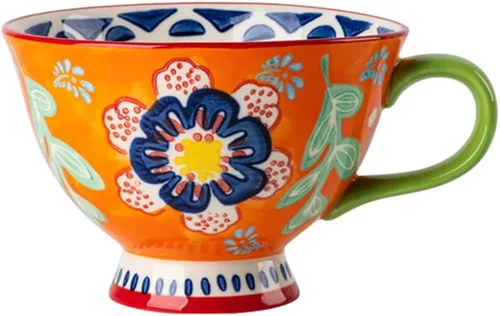 Miniatura 8 de Tazas de café de cerámica de gran capacidad pintadas a mano con patrón floral – Tazas jumbo, té, leche, cereales, taza de desayuno, juego de 4 – 14