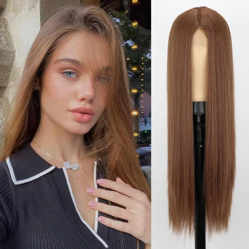 Miniatura 16 de Xinran Pelucas rubias degradadas para mujer, peluca larga y lacia marrón rubia, mezcla de área pequeña, encaje frontal, reemplazo de línea capilar