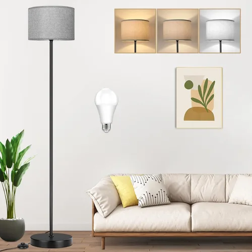 Miniatura 10 de Lámpara de pie de 65’’ moderna y simple con interruptor de pie, lámpara de pie plateada para sala de estar con bombilla LED de 3 colores Plata+crema
