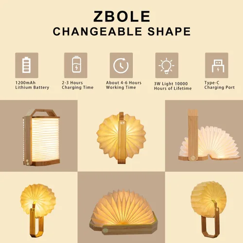 Miniatura 8 de Lámpara portátil de bambú - Linterna japonesa plegable con carga USB, pantalla de papel de fibra resistente a rasgaduras e impermeable, luz de viaje