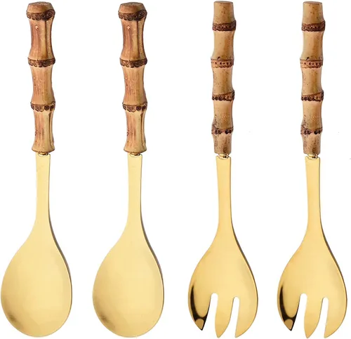 Juego de 4 utensilios para servir con mango de bambú, cuchara larga de acero inoxidable 304, tenedor para cocina, bufé, restaurante, boda, fiesta,