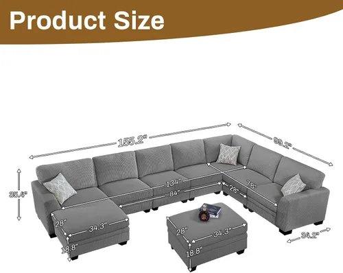 Miniatura 68 de Legend Vansen Sofá Seccional Modular de Gran Tamaño, Sofá en Forma de U de 7 Asientos con Otomana, Sofá de Pana con Asiento Profundo, Sofás Crema
