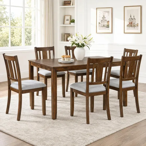 Miniatura 9 de Juego de mesa de comedor de 6 piezas para 4-6 personas, juego de cocina con 4 sillas tapizadas y un banco, sillas de sala de estar con respaldo