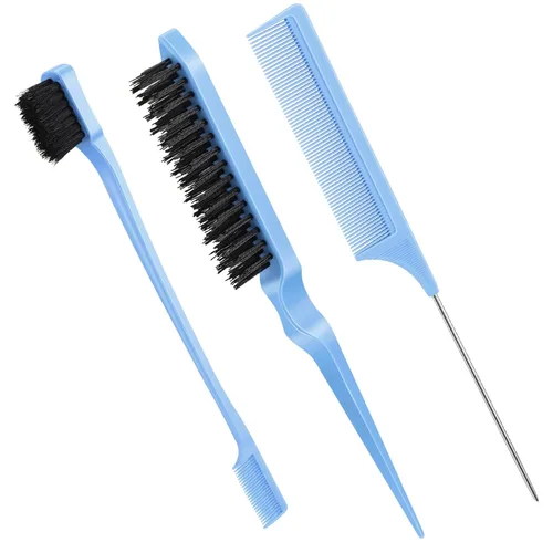 Miniatura 13 de Geiserailie Juego de 3 Cepillos para Cabello Slick Back, Cepillo de Cerdas, Control de Bordes, Peine Desenredante para Cabello Negro de Mujeres Rosa