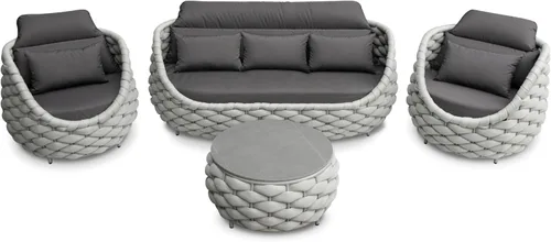 Miniatura 8 de Juego de muebles de patio de cuerda de 4 piezas: conjunto de sofás al aire libre de aluminio acolchado - sofá de conversación moderno ensamblado