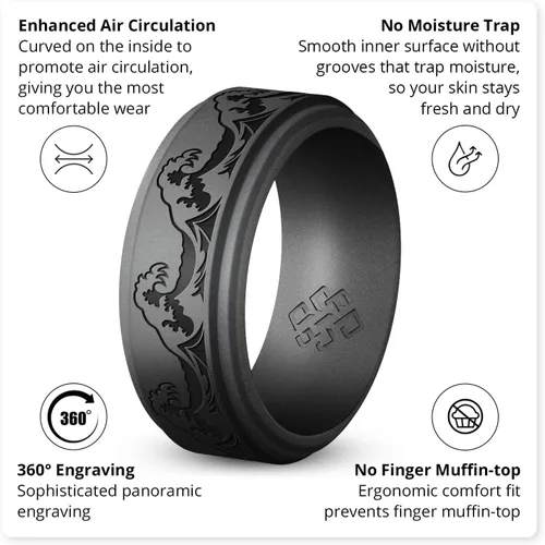 Miniatura 12 de Knot Theory Anillo de silicona para hombre, grabado de montaña, ondas, bosque, ancho de banda de 0.315 pulgadas, transpirable, ajuste cómodo