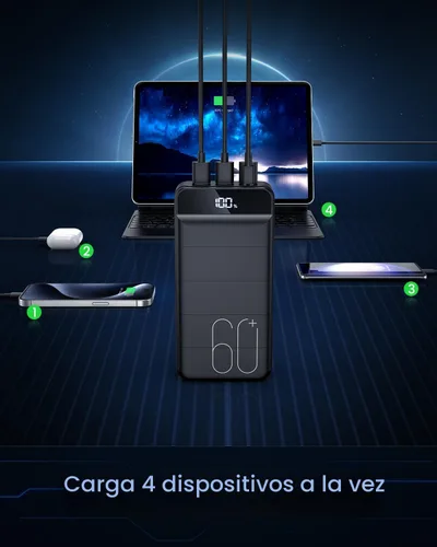 Miniatura 6 de Cargador Portátil 60000mAh Banco de Energía - Carga Rápida 22.5W Paquete de Batería Externa, Pantalla LED USB C Cargador de Teléfono Celular
