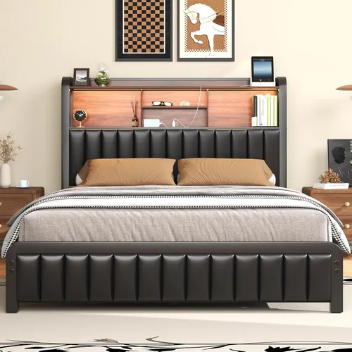 LOEWAY Marco de Cama Full de 54.3 pulgadas de alto con cabecera de almacenamiento de 3 niveles y piel sintética, marco de cama de plataforma de