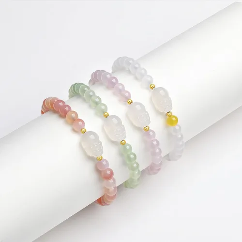 Miniatura 6 de Pulseras de oro de 18K con cuentas de calcedonia, pulsera con amuleto Pixiu, pulsera elástica natural con cuentas redondas de calcedonia