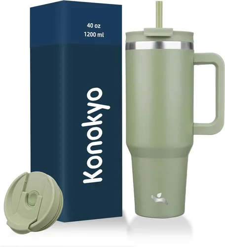 Miniatura 25 de Konokyo - Vaso de 40 onzas con asa y 2 pajillas, botella de agua aislada 2 en 1 con tapa. Taza de viaje de acero inoxidable para café, flores