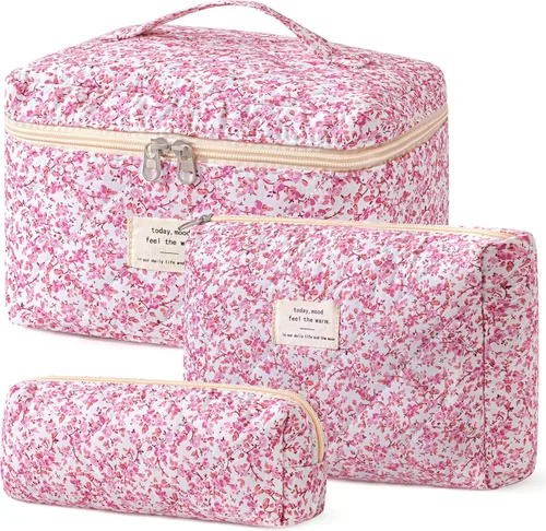 Miniatura 37 de HBselect Bolsa de maquillaje acolchada, 3 piezas de algodón grande, bolsa de maquillaje de viaje, bonita bolsa de maquillaje floral de coqueta