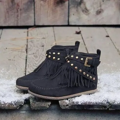 Miniatura 3 de AUNTHUI Sursell - Botines de gamuza para mujer, con flecos, punta redonda, planos, cálidos, de moda, occidentales, para exteriores, con cremallera