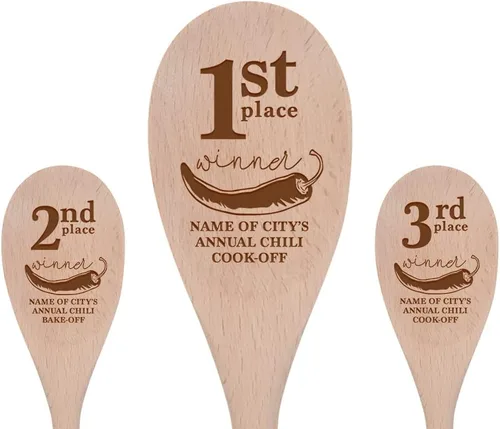 Miniatura 8 de Juego de 3 cucharas de cocina de 14 pulgadas con grabado personalizado en Estados Unidos, utensilios de cocina de madera, Chili Cook Off Showcase