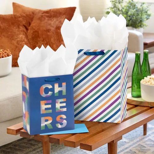Miniatura 2 de Hallmark Surtido de Bolsas de Regalo Sólidas (8 Bolsas: 4 Medianas 9", 4 Grandes 13") Azul, Verde, Naranja, Cheers, Rayas
