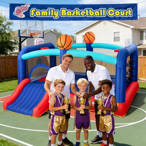 Miniatura 8 de Casa inflable de baloncesto extragrande para niños grandes de 8 a 12 años, castillo hinchable inflable de 16 pies con tobogán y aros dobles, puente