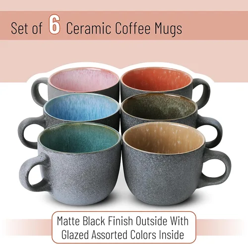 Miniatura 2 de BTAT - Juego de tazas de café de porcelana, 14 onzas (14.0 fl oz), paquete de 6, tazas de café de cerámica, negro mate exterior y colorido