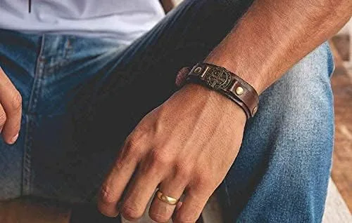 Miniatura 4 de Intercession Pulsera de protección de cuero genuino de San Benito, fabricada en Brasil, Madera