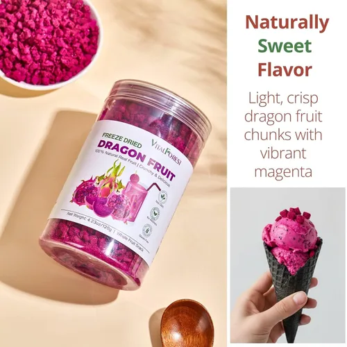 Miniatura 6 de Cubos de fruta del dragón liofilizada – 120g (4.23oz) 100% Trozos de fruta del dragón roja (Pitaya), fruta deshidratada crujiente para batidos
