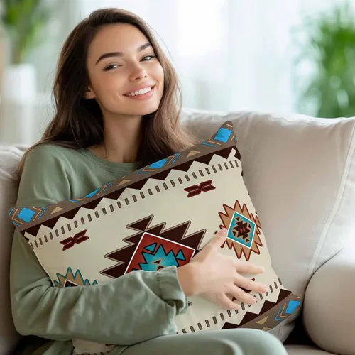 Miniatura 3 de Paquete de 2 fundas de almohada decorativas de algodón, nativos americanos en los Estados Unidos, estilo indio, geométrico, 18 x 18 pulgadas