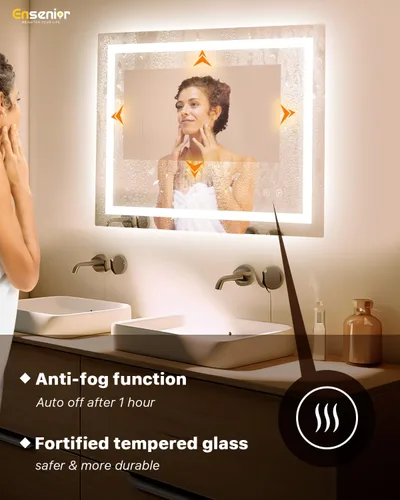 Miniatura 7 de Ensenior Espejo de Baño LED de 40" x 32" con Luz Frontal y Posterior, Espejos de Pared Regulables sin Escalones con Anti-Empañamiento, A Prueba