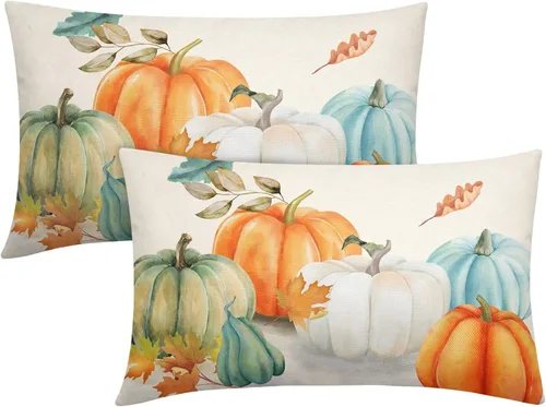 Juego de 2 fundas de almohada lumbares de hojas de arce otoñales de 12 x 20 pulgadas, color verde azulado, naranja, blanco, verde, calabazas,