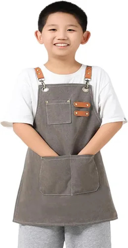 Miniatura 7 de Delantales ajustables para niños, herramienta impermeable para cocinar, pintura, jardinero, lienzo delantal para niñas y niños de 6 a 12 años Marrón