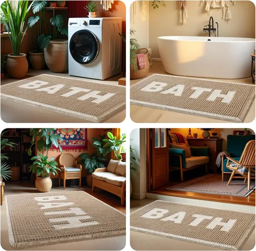Miniatura 7 de Tapete de baño con diseño de gofre, moderno, bohemio, absorbente, antideslizante, ultrasuave, lavable a máquina, con letra de baño, dormitorio