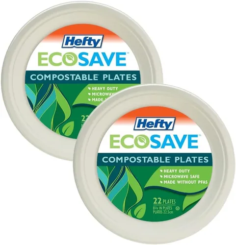 Hefty EcoSave - Platos desechables, hechos de materiales a base de plantas, platos de papel resistentes y aptos para microondas, platos desechables