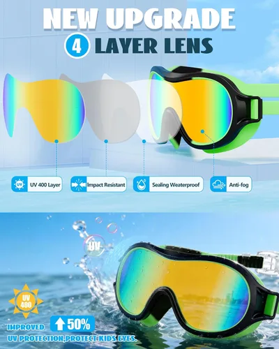 Miniatura 7 de Aegend Paquete de 2 gafas de natación para niños de 3 a 15 años, antivaho, anti-UV, visión amplia, impermeables, sin fugas, para niños y niñas