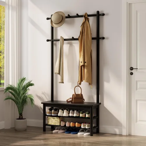 AQIMUELE Perchero con almacenamiento de zapatos, árbol de pasillo de madera con banco, 11 ganchos y estantes de almacenamiento de 2 niveles, 3 en 1,