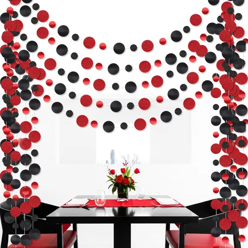 Outus Guirnalda de puntos redondos negros y rojos, 5 piezas, decoración para colgar en fiestas de graduación, cada longitud de 13.1 pies,