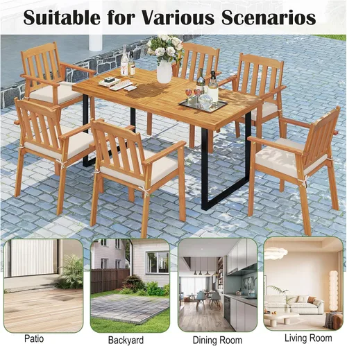 Miniatura 8 de Tangkula Juego de 2 sillas de patio de madera de acacia, sillones de comedor al aire libre con cojín suave y respaldo de listones, sillas de bistró